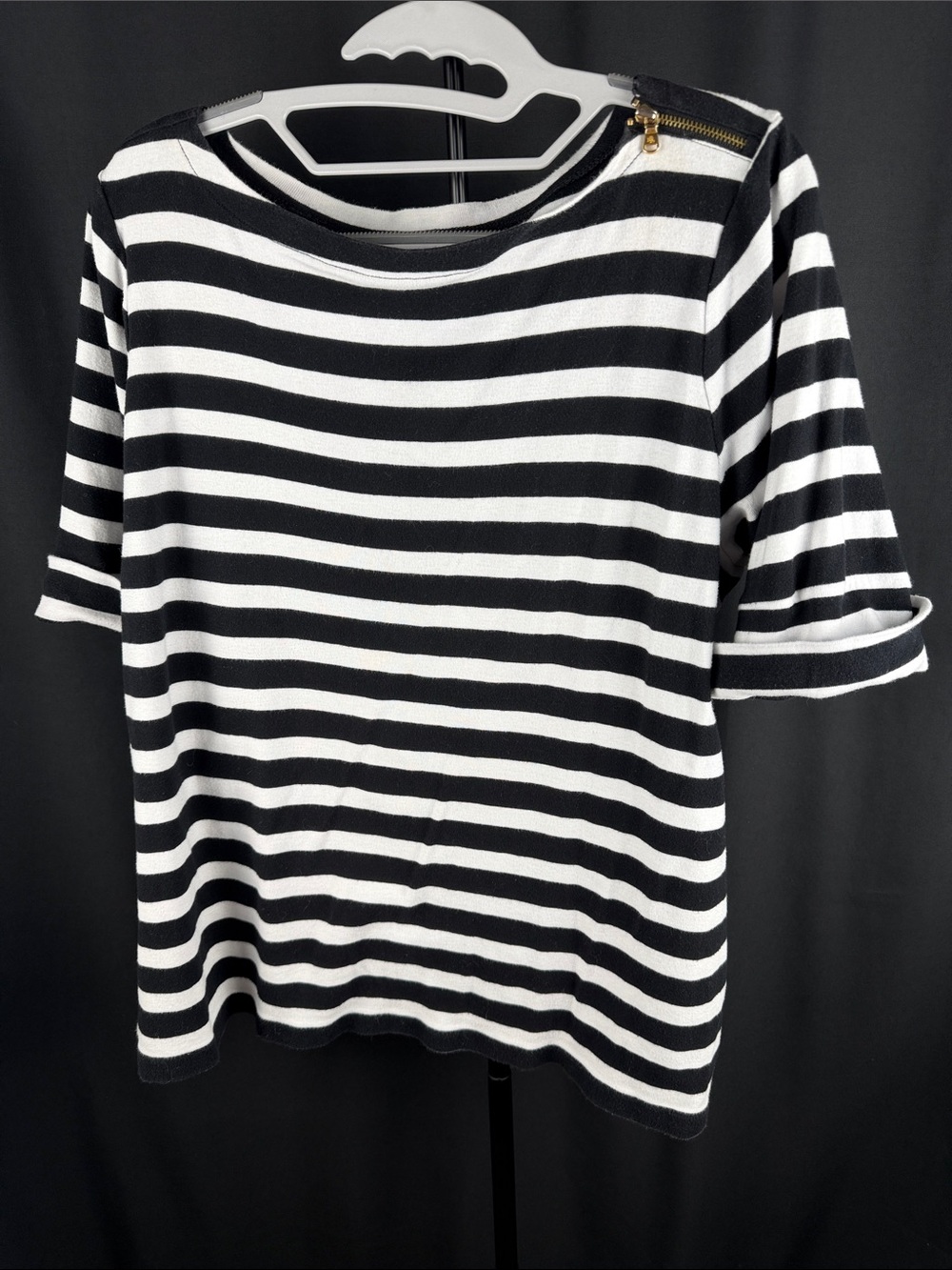 Ralph Lauren Black & White Striped Short Sleeve Top with Zip Accent